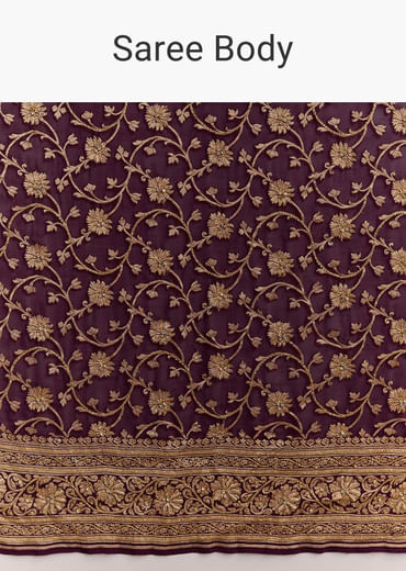 Wine Banarasi Silk Saree With Heavy Zari And Jaal Work