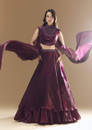 Wine Bridesmaid Organza Lehega with Cape