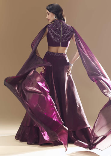 Wine Bridesmaid Organza Lehega with Cape