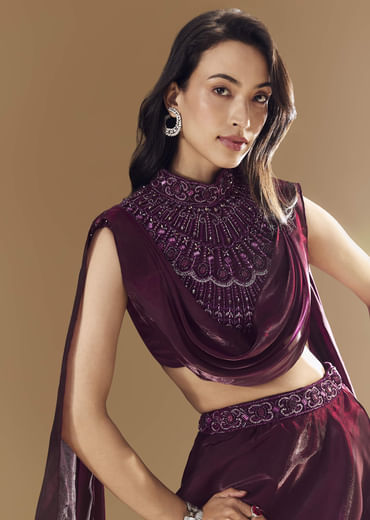 Wine Bridesmaid Organza Lehega with Cape