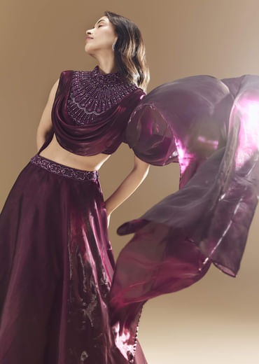 Wine Bridesmaid Organza Lehega with Cape