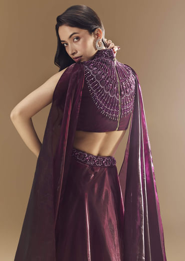 Wine Bridesmaid Organza Lehega with Cape