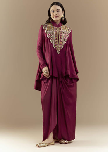Wine Chinon Asymmetric Cape Top and Skirt Set