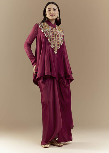 Wine Chinon Asymmetric Cape Top and Skirt Set