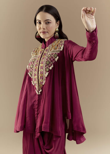 Wine Chinon Asymmetric Cape Top and Skirt Set