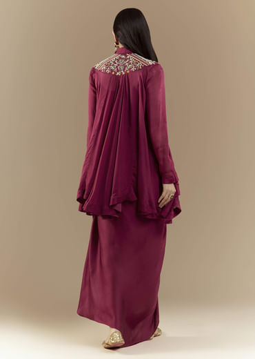 Wine Chinon Asymmetric Cape Top and Skirt Set