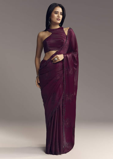 Wine Chinon Saree With Resham Floral Embroidery