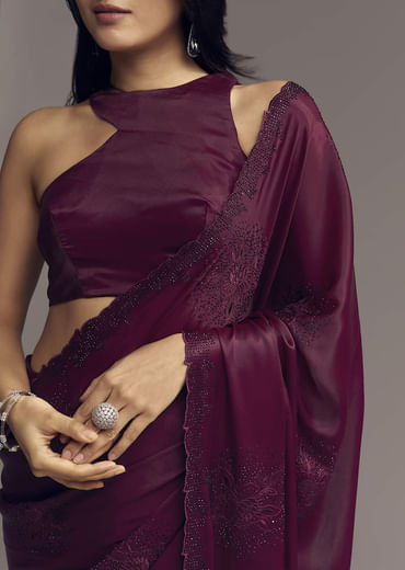 Wine Chinon Saree With Resham Floral Embroidery