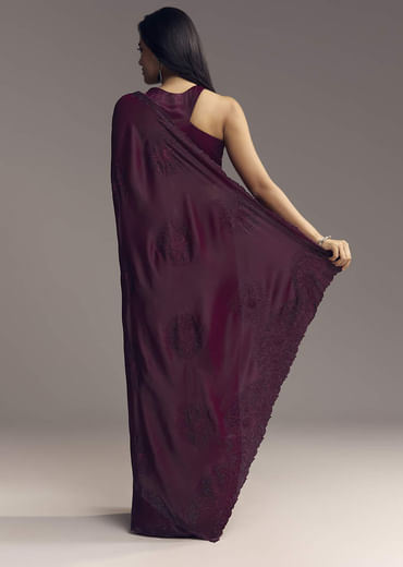 Wine Chinon Saree With Resham Floral Embroidery