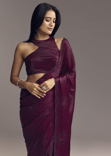 Wine Chinon Saree With Resham Floral Embroidery