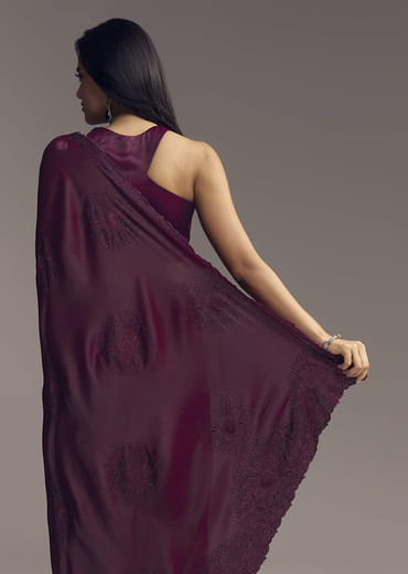 Wine Chinon Saree With Resham Floral Embroidery