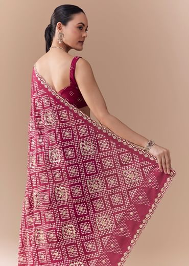 Wine Crepe Bandhani Print Saree with Blouse Fabric