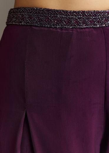Wine Crepe Crop Top With Embroidered Palazzo And Choker Dupatta