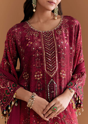 Wine Crepe Printed Kurta Set With Stone Work
