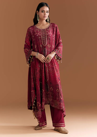 Wine Crepe Printed Kurta Set With Stone Work