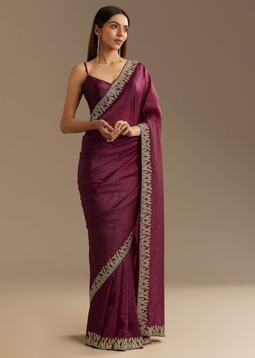 Wine Crushed Tissue Saree With Cutdana And Stone Embroidery