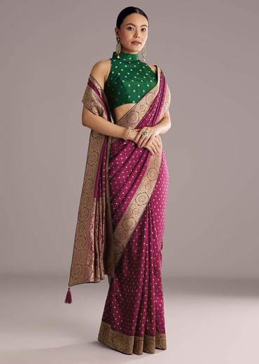 Wine Dola Silk Saree With Butti Work And Floral Border
