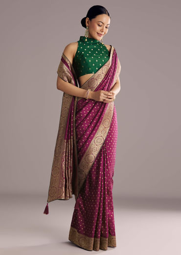 Wine Dola Silk Saree With Butti Work And Floral Border