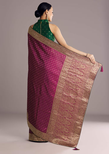 Wine Dola Silk Saree With Butti Work And Floral Border