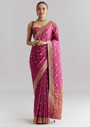 Wine Dola Silk Woven Saree With Golden Zari Embroidery