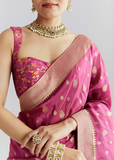 Wine Dola Silk Woven Saree With Golden Zari Embroidery