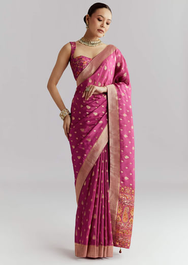 Wine Dola Silk Woven Saree With Golden Zari Embroidery