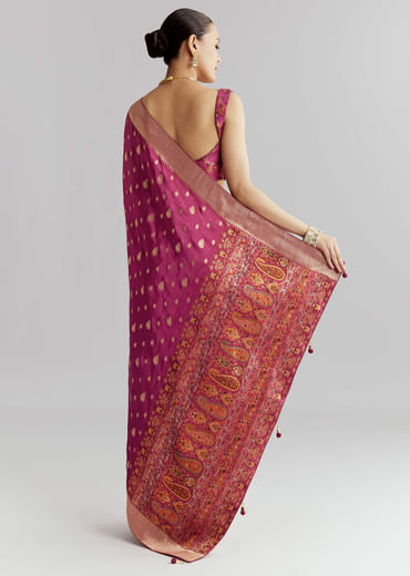 Wine Dola Silk Woven Saree With Golden Zari Embroidery
