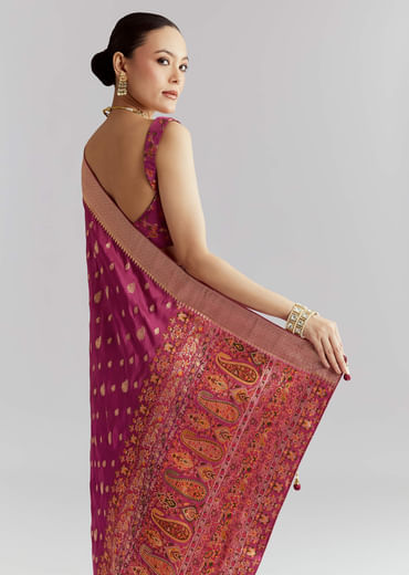 Wine Dola Silk Woven Saree With Golden Zari Embroidery