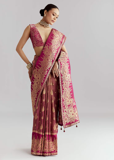 Wine Dola Silk Woven Saree With Zari Butti Work