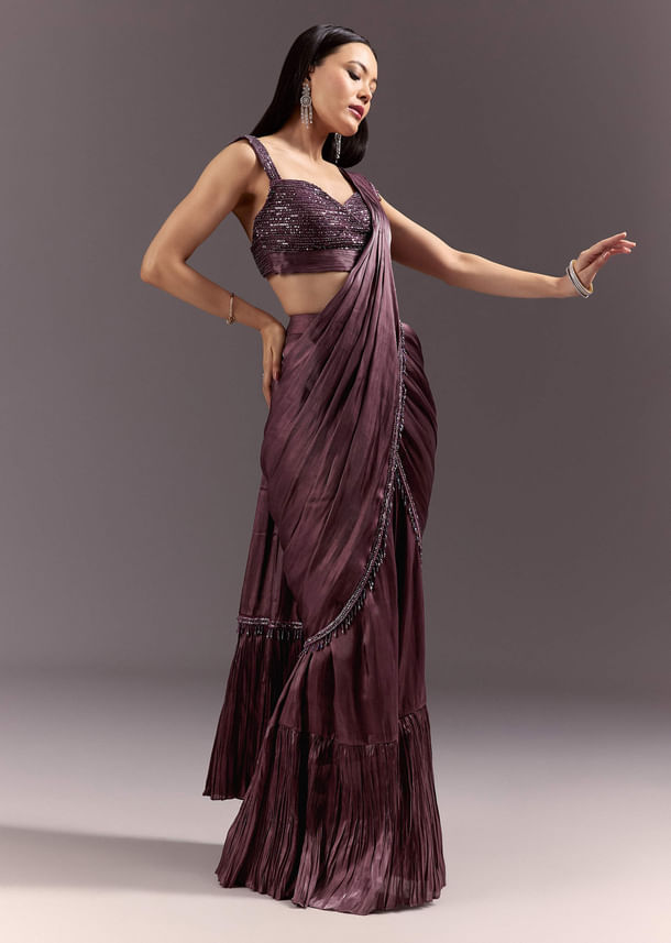 Wine Frill Drape Cutdana Saree With Sleeveless Overlap Blouse Wine Frill Drape Cutdana Saree With Sleeveless Overlap Blouse
