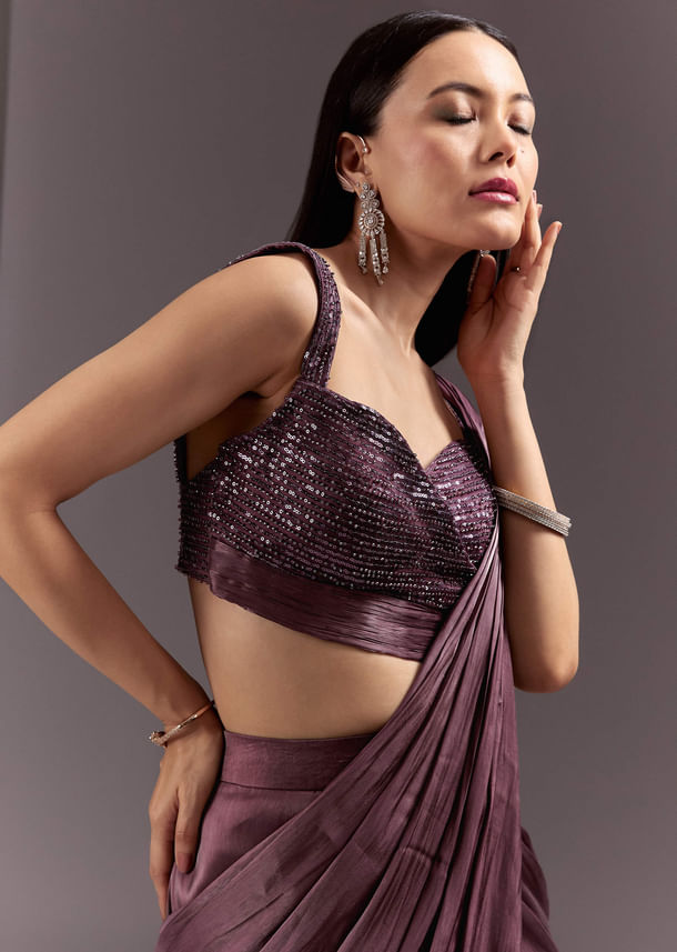 Wine Frill Drape Cutdana Saree With Sleeveless Overlap Blouse Wine Frill Drape Cutdana Saree With Sleeveless Overlap Blouse