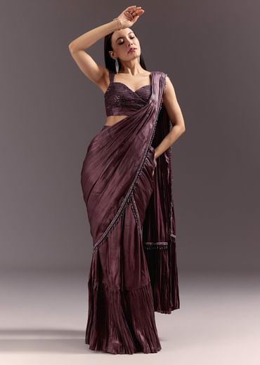 Wine Frill Drape Cutdana Saree With Sleeveless Overlap Blouse