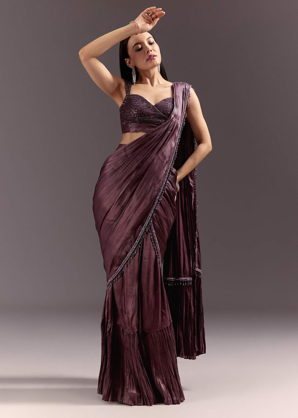 Wine Frill Drape Cutdana Saree With Sleeveless Overlap Blouse Wine Frill Drape Cutdana Saree With Sleeveless Overlap Blouse