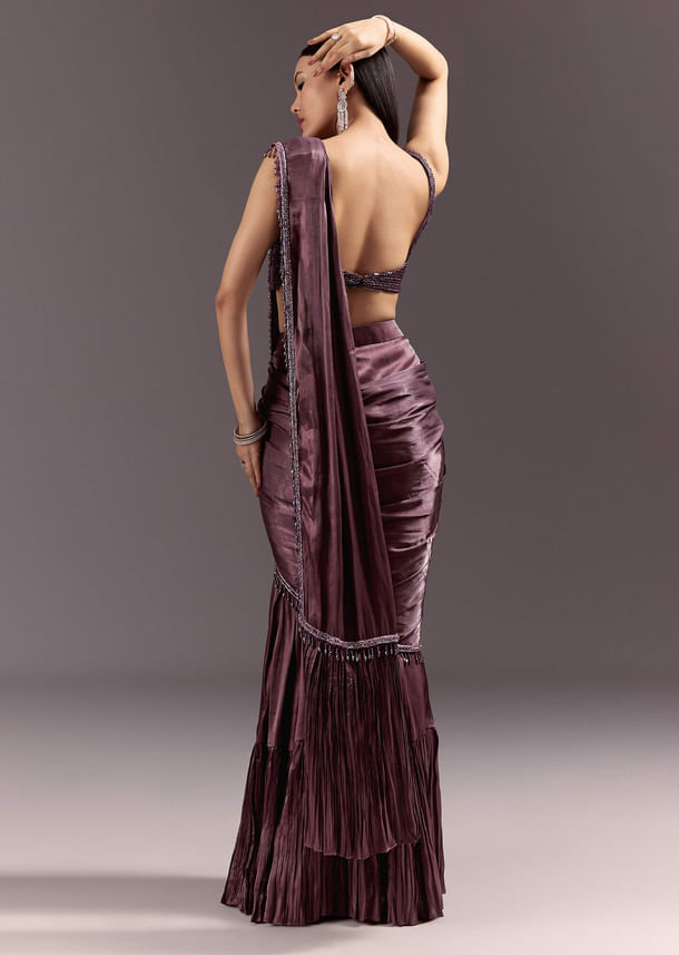 Wine Frill Drape Cutdana Saree With Sleeveless Overlap Blouse Wine Frill Drape Cutdana Saree With Sleeveless Overlap Blouse