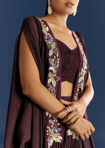 Wine Georgette Pintuck Croptop And Fancy Skirt With Embroidered Cape