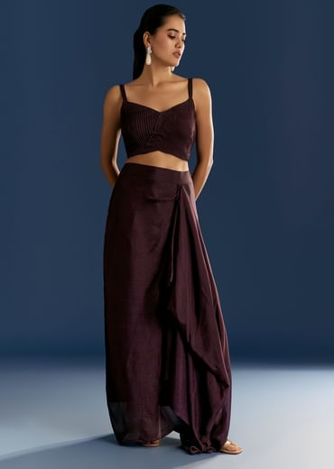 Wine Georgette Pintuck Croptop And Fancy Skirt With Embroidered Cape