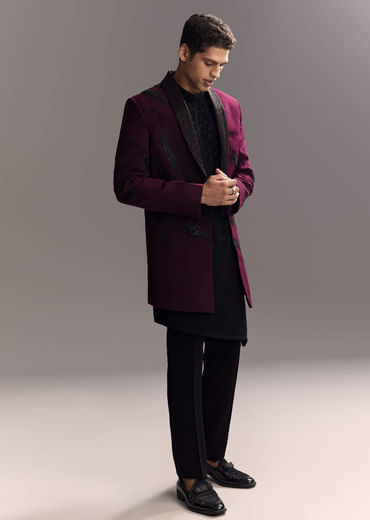 Wine Indo Western Set For Men With Heavy Hand Work