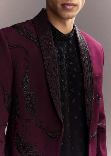 Wine Indo Western Set For Men With Heavy Hand Work