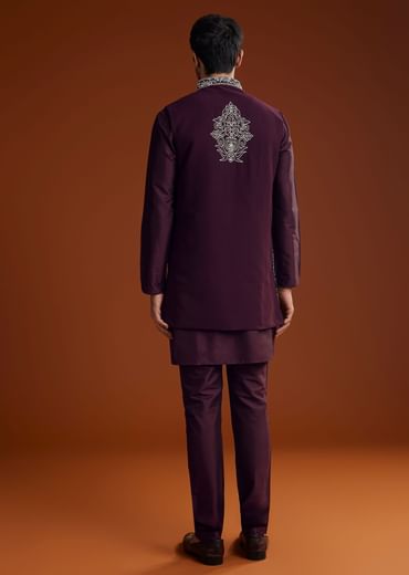Wine Jacket Kurta Set With Thread Resham Embroidery