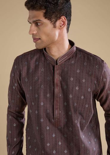 Wine Jacquard Self Work Mens Kurta and Pant Set