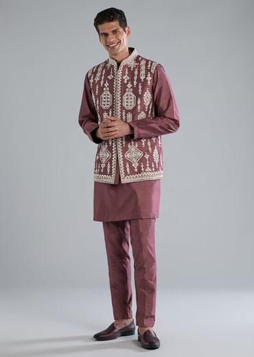 Wine Kurta Jacket Set With Thread Resham And Zari Work