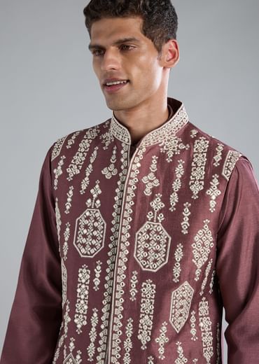 Wine Kurta Jacket Set With Thread Resham And Zari Work