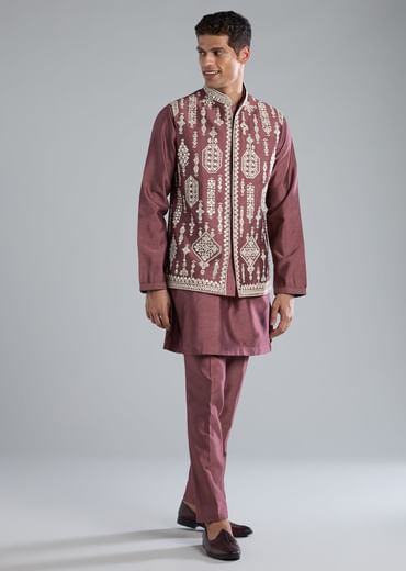 Wine Kurta Jacket Set With Thread Resham And Zari Work