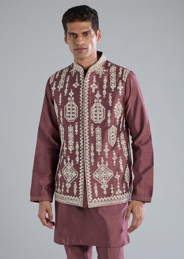Wine Kurta Jacket Set With Thread Resham And Zari Work