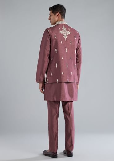 Wine Kurta Jacket Set With Thread Resham And Zari Work