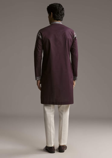 Wine Linen Kurta Set For Men With Thread Embroidery