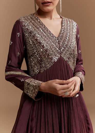 Wine Mirror Embroidered Chinnon Anarkali with Dupatta