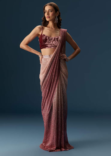 Wine Ombre Pre Pleated Saree With Sequins And Velvet Blouse