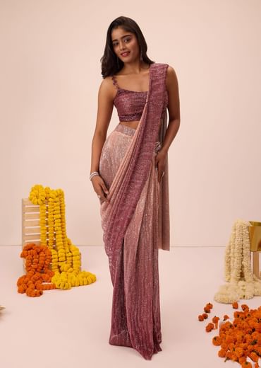 Wine Ombre Sequin Pleated Saree With Cowl Blouse