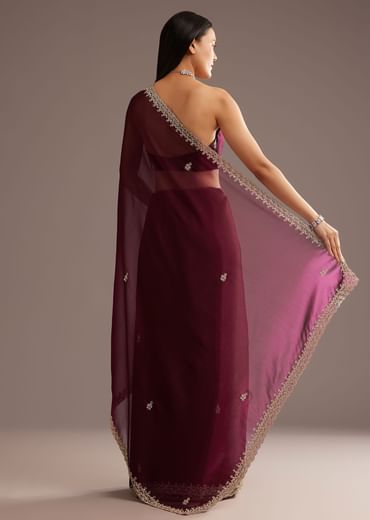 Wine Organza Saree With Cutdana And Sequins Border